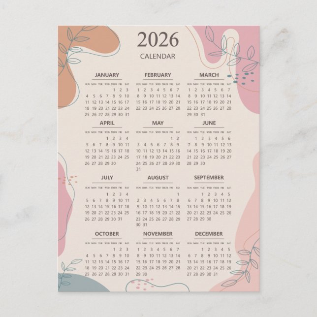 2026 Calendar Mid Century Abstract Boho Aesthetic Postcard (Front)