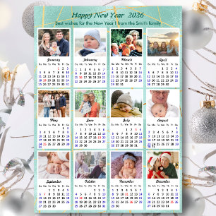 2026 Calendar Mint Green Glitter Family 12 Photo Holiday Card