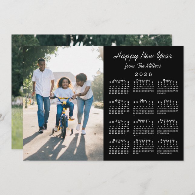 2026 Calendar Modern Black 2 Photo Happy New Year Holiday Card (Front/Back)
