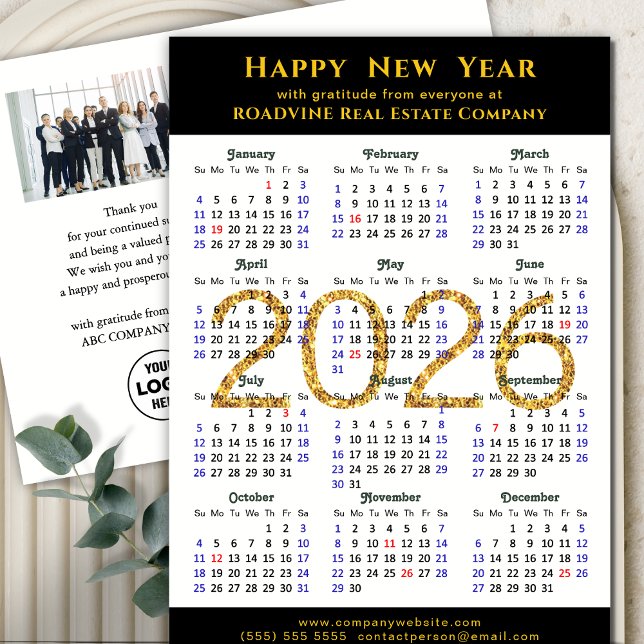 2026 Calendar Modern Black Gold Business Photo Holiday Postcard (Creator Uploaded)