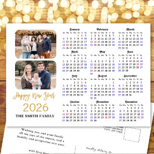 2026 Calendar Modern Black Gold Glitter 2 Photo Holiday Postcard