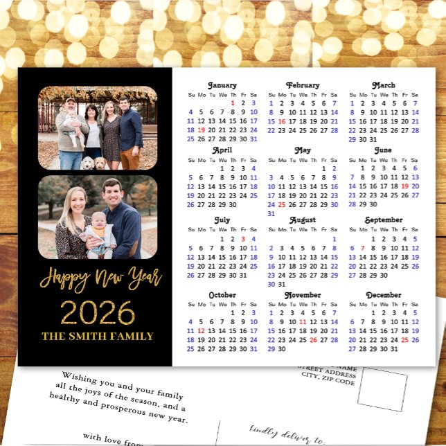 2026 Calendar Modern Black Gold Glitter 2 Photo Holiday Postcard (Creator Uploaded)