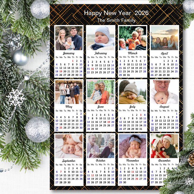 2026 Calendar Modern Family 12 Photo Black Gold Holiday Card (Creator Uploaded)