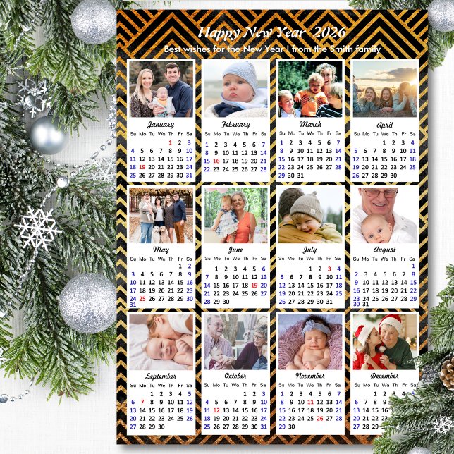 2026 Calendar Modern Family 12 Photo Black Gold Holiday Card (Creator Uploaded)