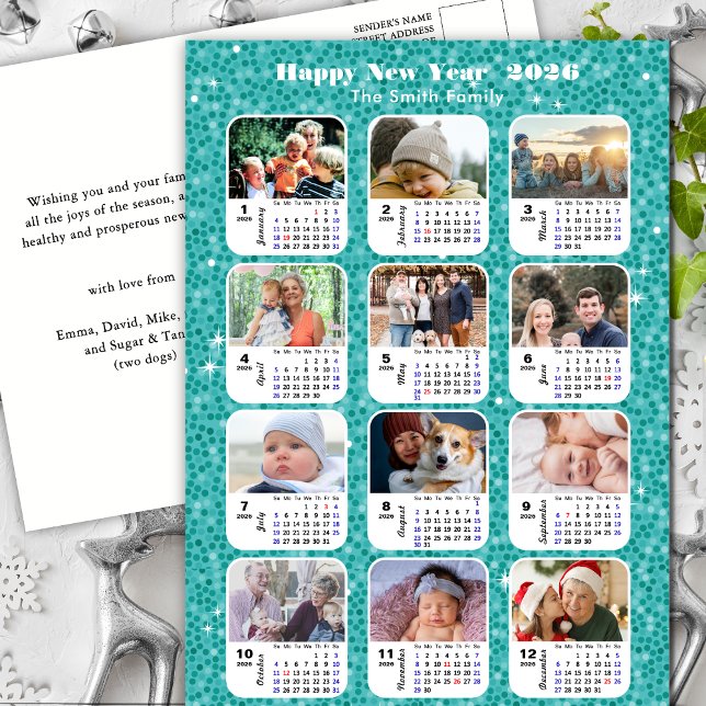 2026 Calendar Modern Family 12 Photo Blue Glitter Holiday Postcard (Creator Uploaded)