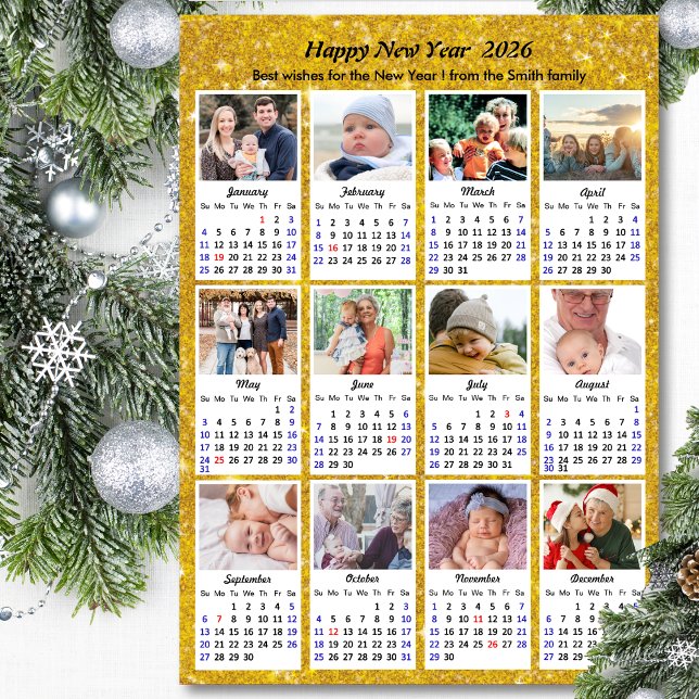 2026 Calendar Modern Family 12 Photo Festive Gold Holiday Card (Creator Uploaded)
