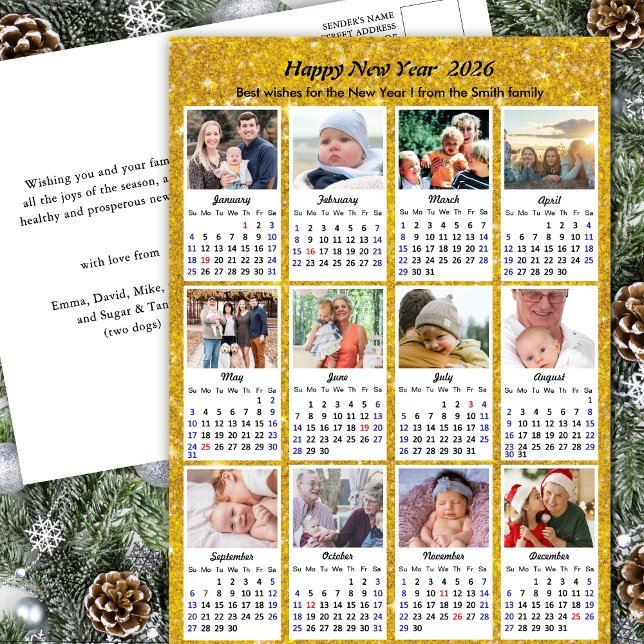 2026 Calendar Modern Family 12 Photo Gold Glitter Holiday Postcard (Creator Uploaded)