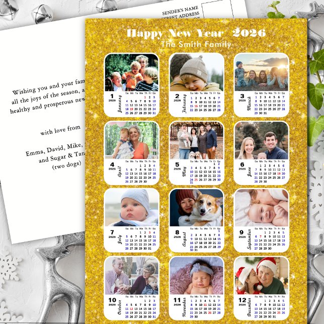 2026 Calendar Modern Family 12 Photo Gold Glitter Holiday Postcard (Creator Uploaded)
