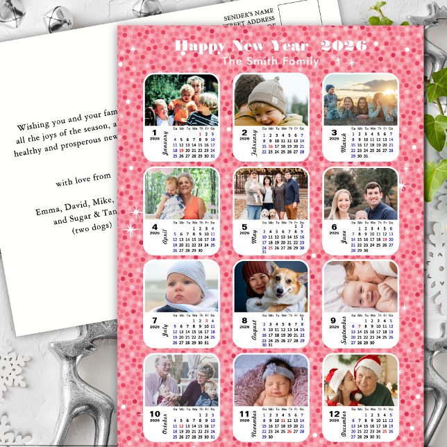 2026 Calendar Modern Family 12 Photo Pink Glitter Holiday Postcard (Creator Uploaded)