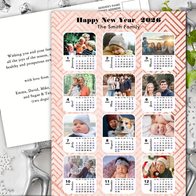 2026 Calendar Modern Family 12 Photo Pink Glitter Holiday Postcard (Creator Uploaded)