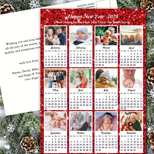 2026 Calendar Modern Family 12 Photo Red Glitter Holiday Postcard (Creator Uploaded)