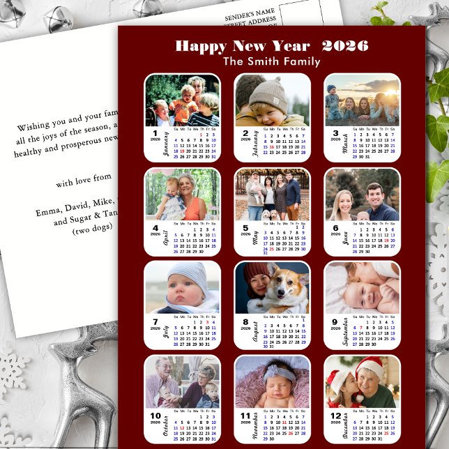 2026 Calendar Modern Family 12 Photo Red Glitter Holiday Postcard (Creator Uploaded)
