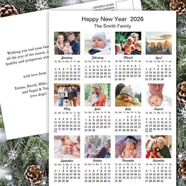 2026 Calendar Modern Family Photo Collage Simple Holiday Postcard (Creator Uploaded)