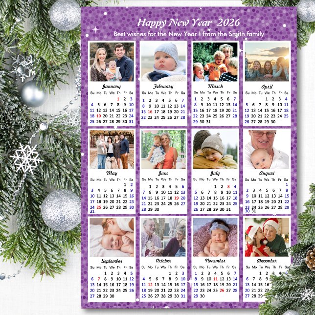 2026 Calendar Modern Family Photo Festive Purple  Holiday Card (Creator Uploaded)