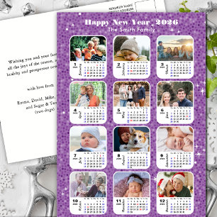 2026 Calendar Modern Family Photo Purple Glitter Holiday Postcard