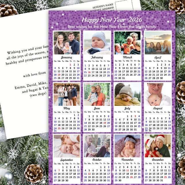 2026 Calendar Modern Family Photo Purple Glitter Holiday Postcard (Creator Uploaded)
