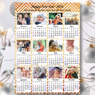 2026 Calendar Modern Gold 12 Family Photo Collage Holiday Card