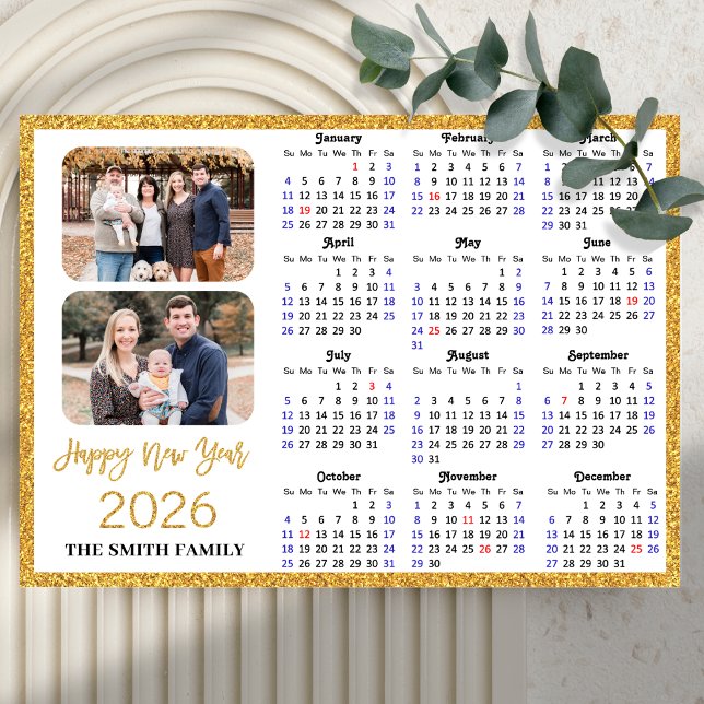 2026 Calendar Modern Gold Glitter 2 Photo Magnetic (Creator Uploaded)