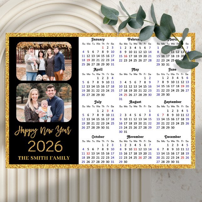 2026 Calendar Modern Gold Glitter 2 Photo Magnetic (Creator Uploaded)