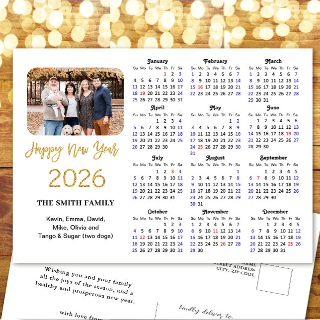 2026 Calendar Modern Gold Glitter Photo Minimalist Holiday Postcard (Creator Uploaded)