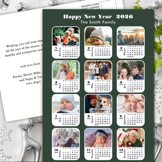 2026 Calendar Modern Green Family 12 Photo Collage Postcard (Creator Uploaded)