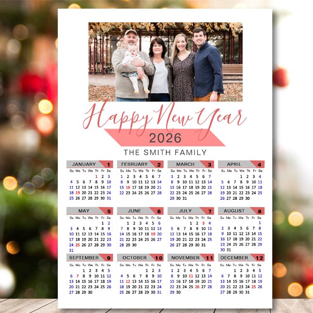 2026 Calendar Modern Pink Family Photo Magnetic (Creator Uploaded)