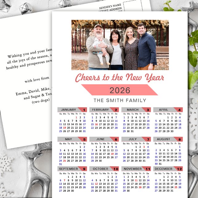 2026 Calendar Modern Pink Family Photo Minimalist Holiday Postcard (Creator Uploaded)