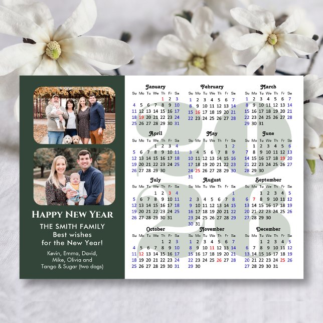 2026 Calendar Modern Sage Green Minimalist 2 Photo Holiday Card (Creator Uploaded)