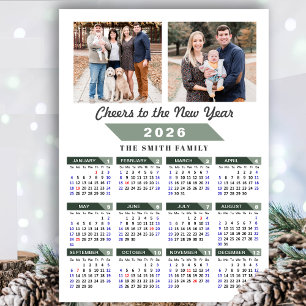 2026 Calendar Modern Sage Green Minimalist 2 Photo Holiday Card
