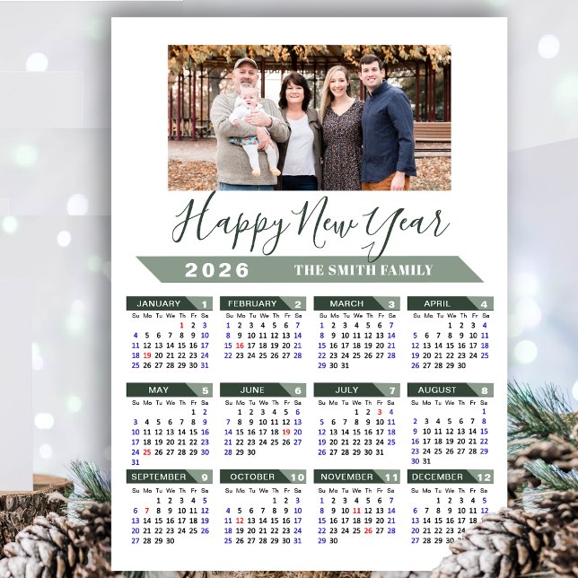 2026 Calendar Modern Sage Green Minimalist Photo Holiday Card (Creator Uploaded)