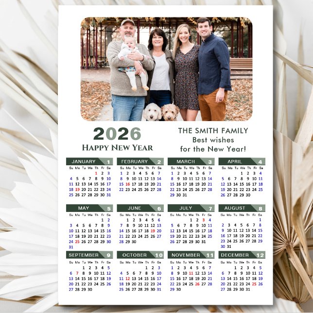 2026 Calendar Modern Sage Green Minimalist Photo Holiday Card (Creator Uploaded)