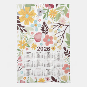 2026 Calendar Multicolor Hand Drawn Floral Tea Towel