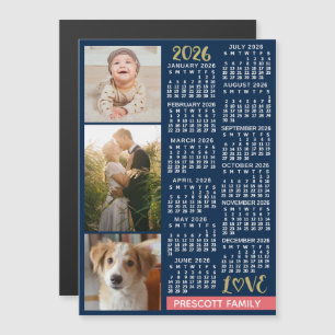 2026 Calendar Navy Coral Gold Custom Photo Collage Magnetic Invitation