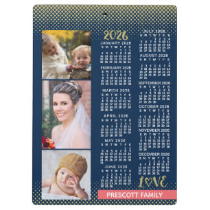 2026 Calendar Navy Coral Gold Family Photo Collage Clipboard