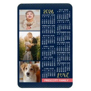 2026 Calendar Navy Coral Gold Family Photo Collage Magnet