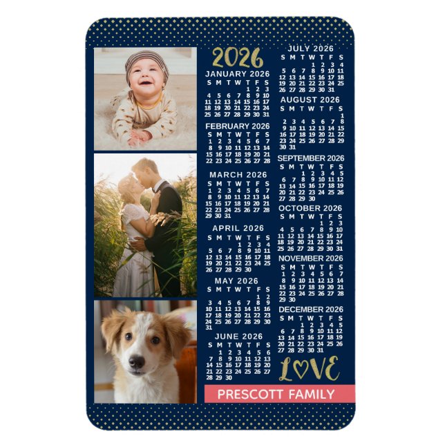 2026 Calendar Navy Coral Gold Family Photo Collage Magnet (Vertical)