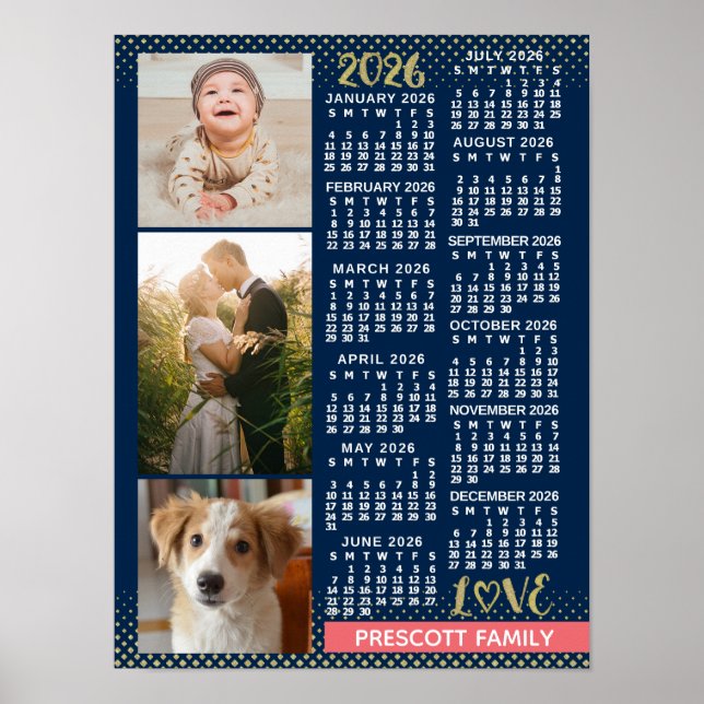 2026 Calendar Navy Coral Gold Family Photo Collage Poster (Front)