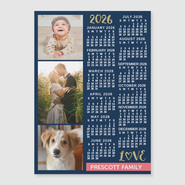 2026 Calendar Navy Coral Gold Photo Collage Magnet (Front)