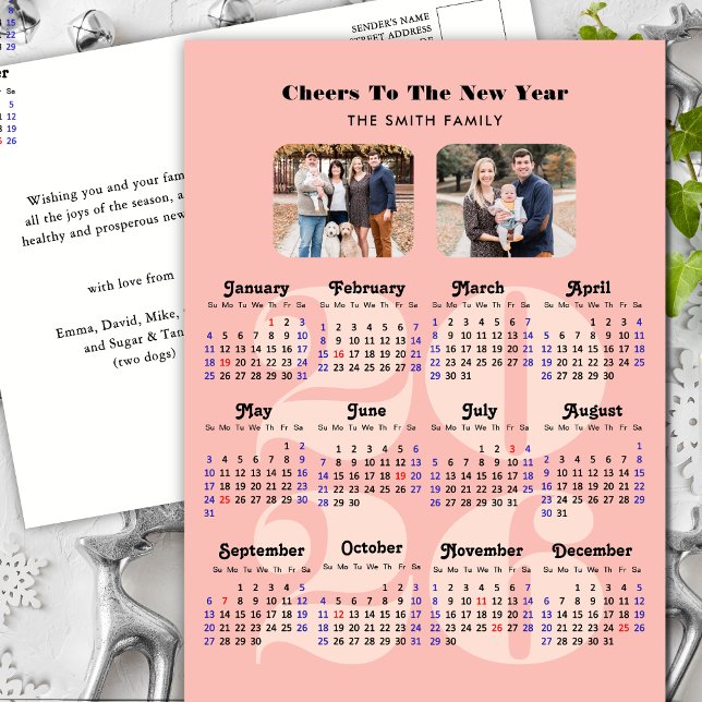 2026 Calendar New Year Elegant Pink Family 2 Photo Holiday Postcard (Creator Uploaded)