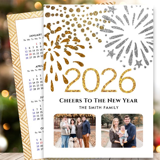 2026 Calendar New Year Firework Gold Family Photo  Holiday Card (Creator Uploaded)