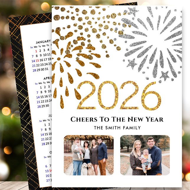 2026 Calendar New Year Firework Gold Family Photo  Holiday Card (Creator Uploaded)