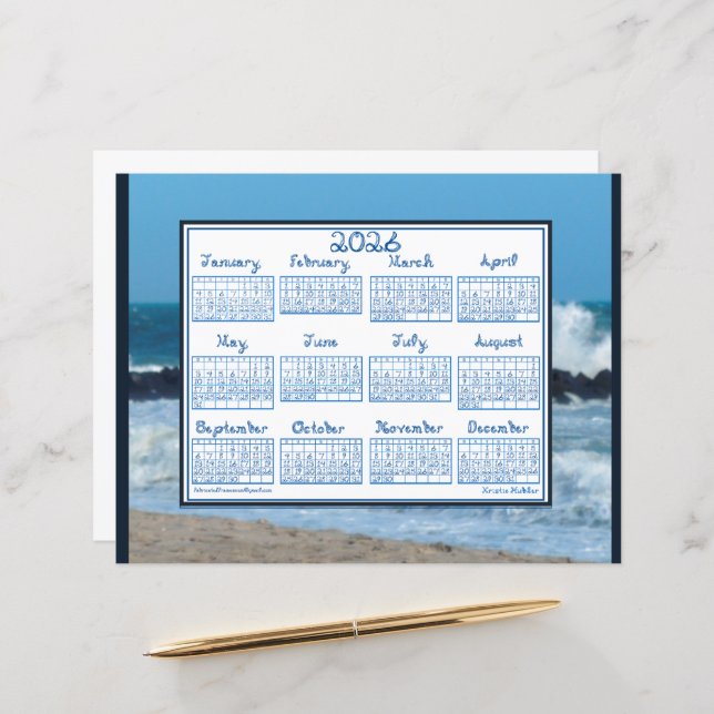 2026 Calendar Ocean Waves Beach Rocks Fabric Font (Front/Back In Situ)