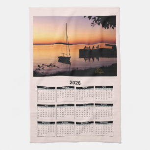 2026 Calendar of a Sunset on Lake with Silhouette  Tea Towel