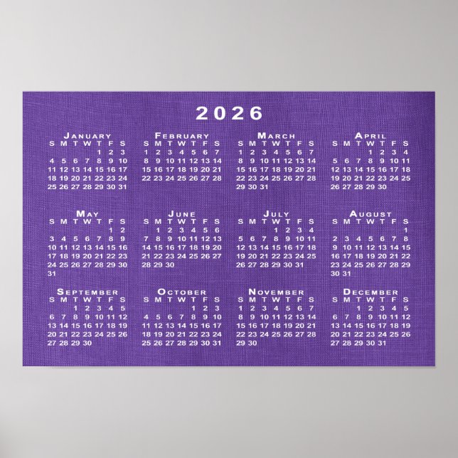 2026 Calendar on Purple Linen Template Photo Poster (Front)