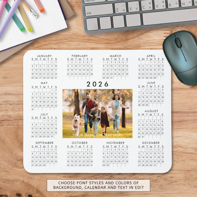 2026 Calendar One Photo Personalised Custom Colour Mouse Pad (Creator Uploaded)