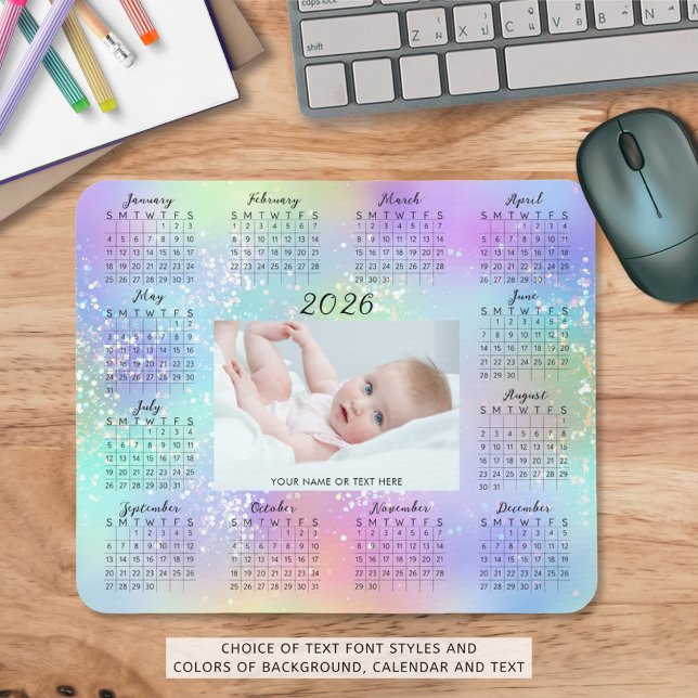 2026 Calendar One Photo Rainbow Glitter Script Mouse Pad (Creator Uploaded)