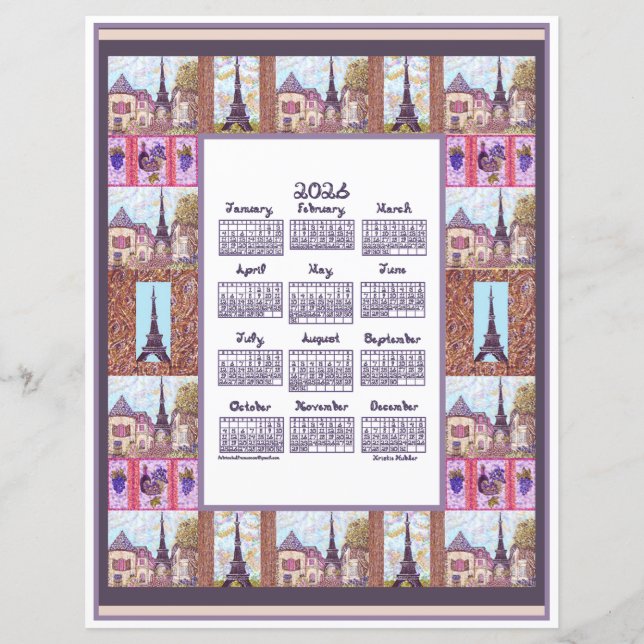 2026 Calendar Paris Eiffel Tower Pointillism Art (Front)