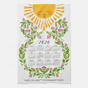 2026 Calendar Pink Flowers Cute Sun Floral Tea Towel