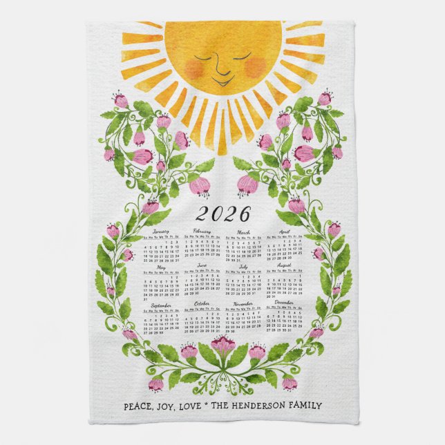2026 Calendar Pink Flowers Cute Sun Floral Tea Towel (Vertical)