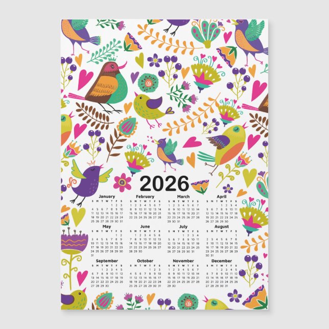 2026 Calendar Pink & Purple Birds and Flowers (Front)
